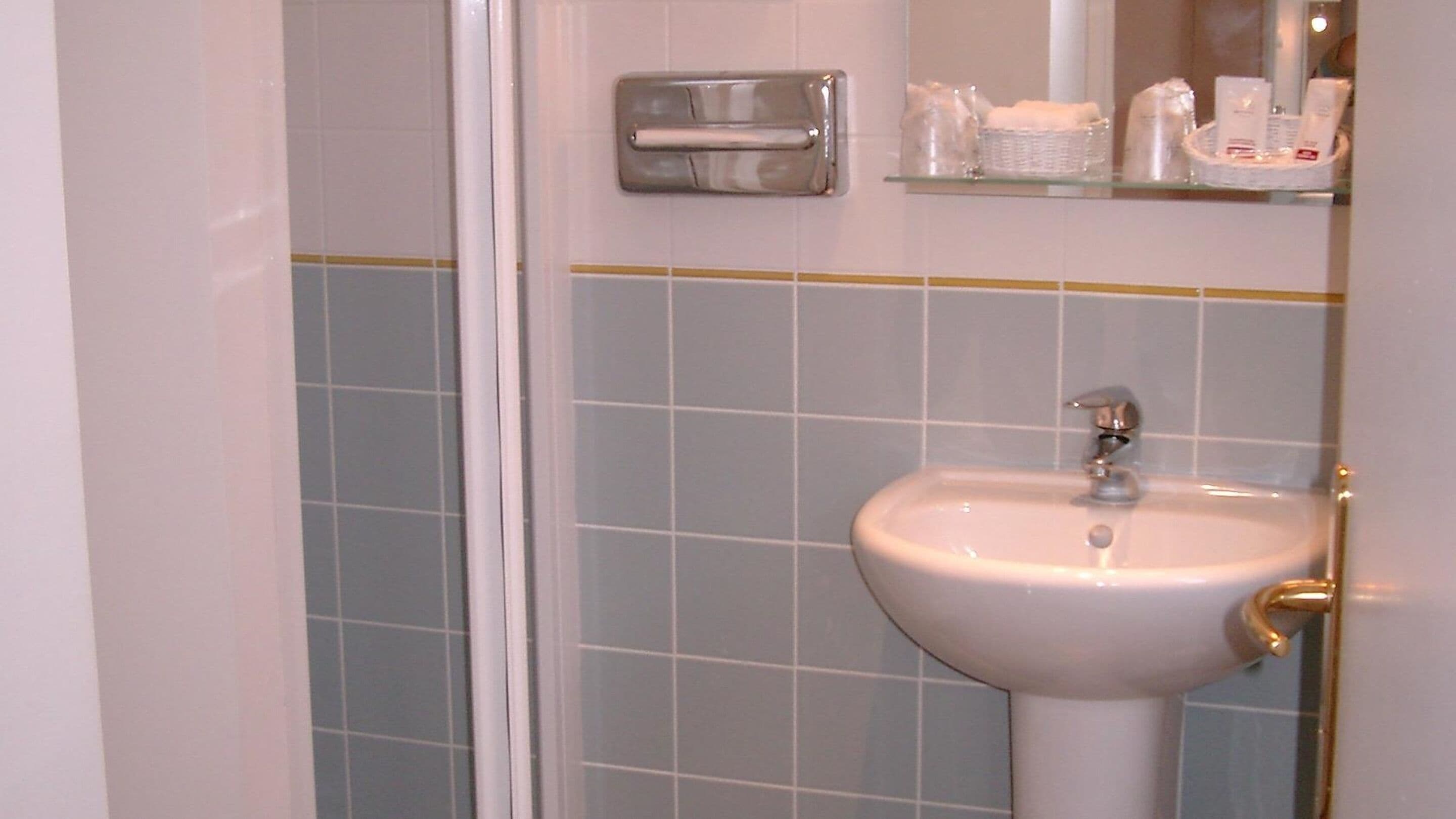 Un baño con un lavabo blanco, un espejo y un estante con artículos de aseo.