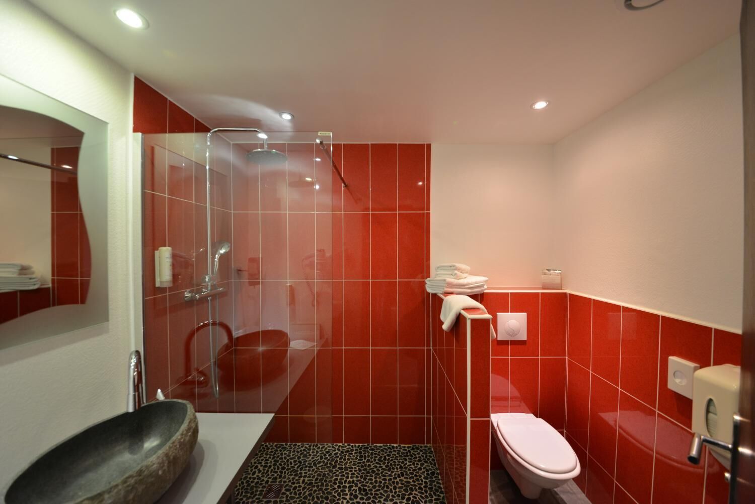 Une salle de bain moderne avec une douche à parois de verre, un lavabo blanc et des toilettes.