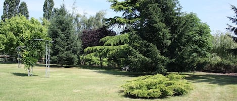 A well-maintained park with various trees, a metal structure, and a neatly trimmed bush.