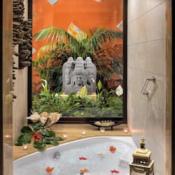 Separate tub and shower, free toiletries, hair dryer, bathrobes