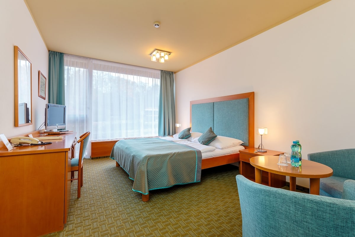 Quarto de hotel com cama, escrivaninha, cadeira e uma pequena mesa.