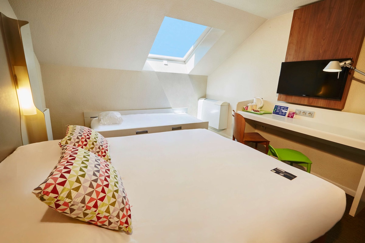A bedroom with a skylight, a bed, a desk with a computer, and a television.