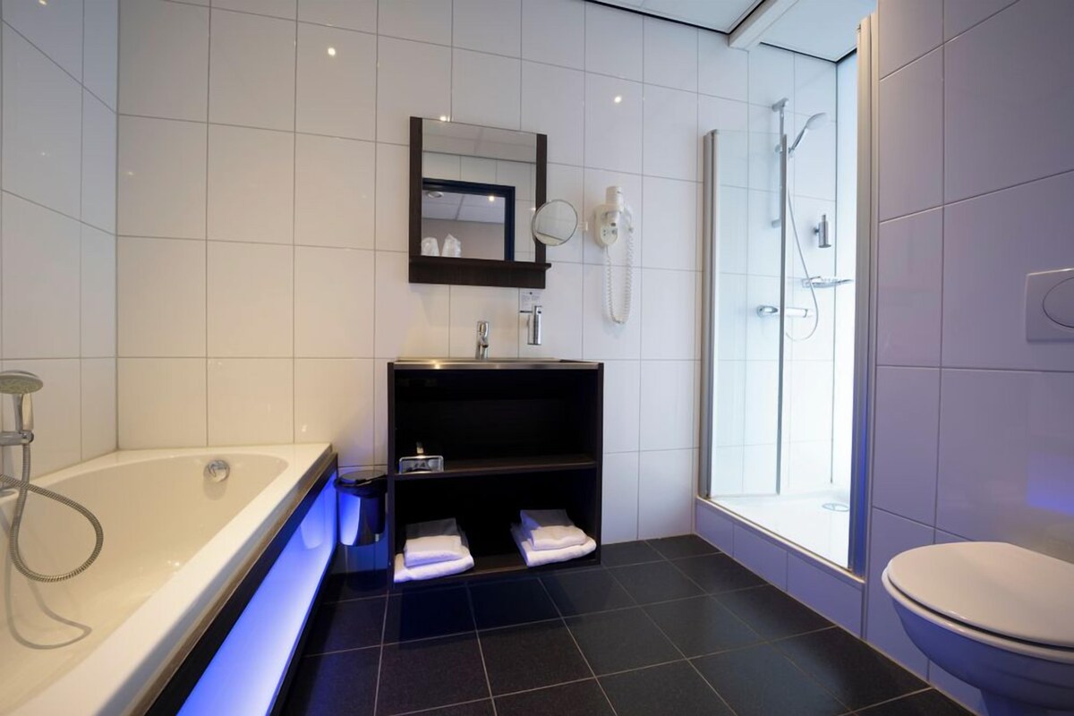 A modern bathroom with a bathtub, a shower, a toilet, and a vanity with a mirror.