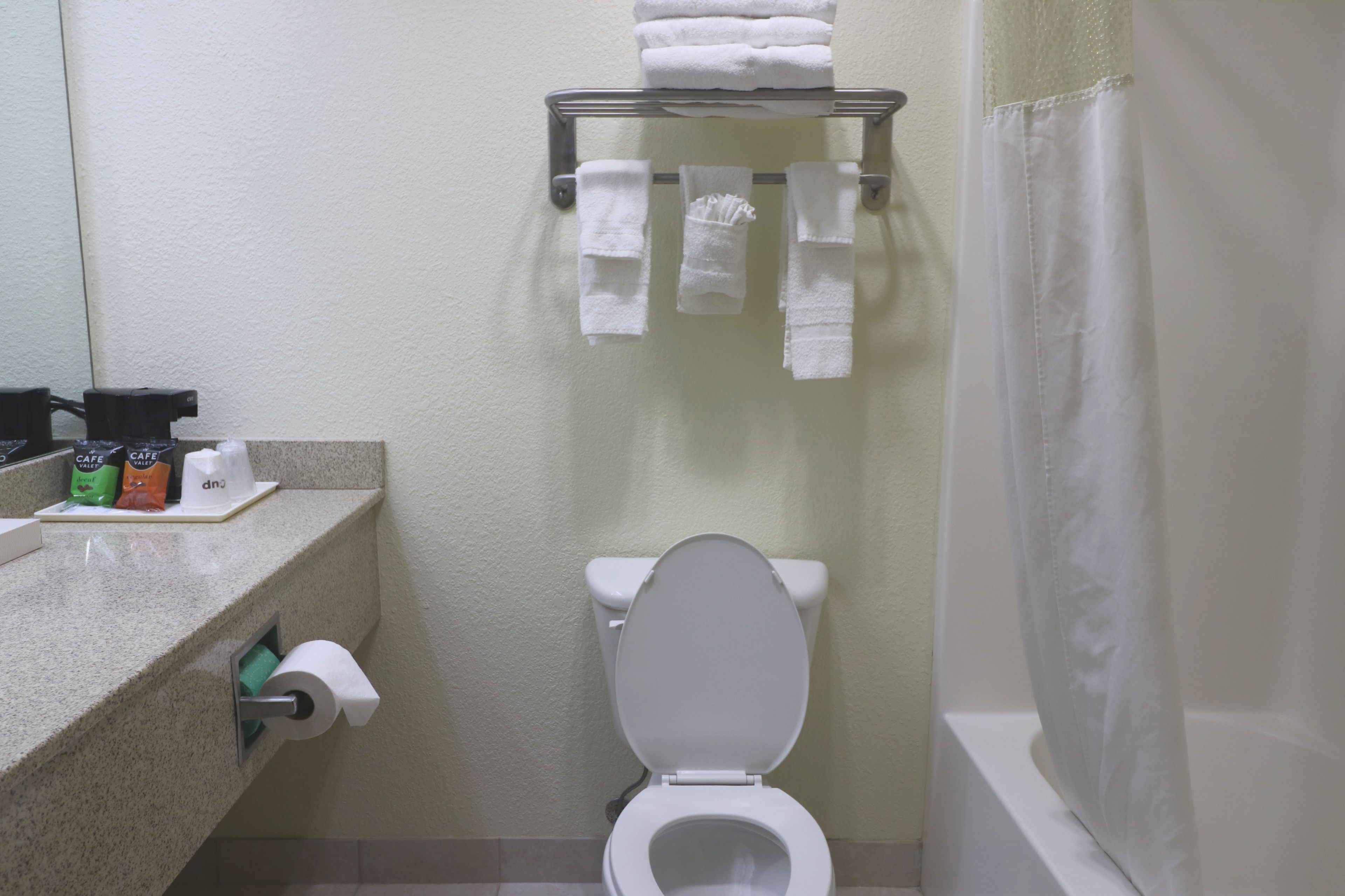 A bathroom with a toilet, a towel rack with towels, a shower curtain, and a countertop with toiletries.