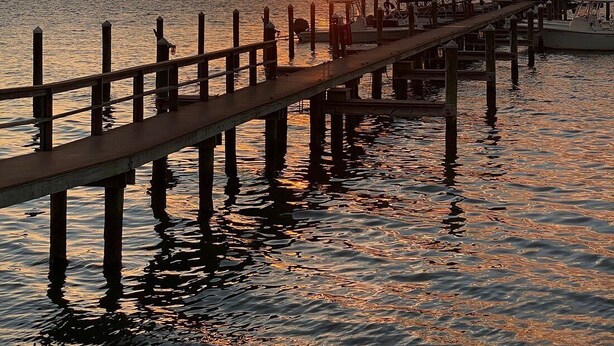 Ein Steg, der sich in ruhiges Wasser zum Sonnenuntergang erstreckt, mit der tief stehenden Sonne am Horizont.
