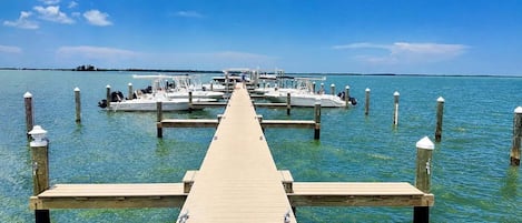 Un muelle de madera que conduce a un embarcadero con varias embarcaciones amarradas al final.