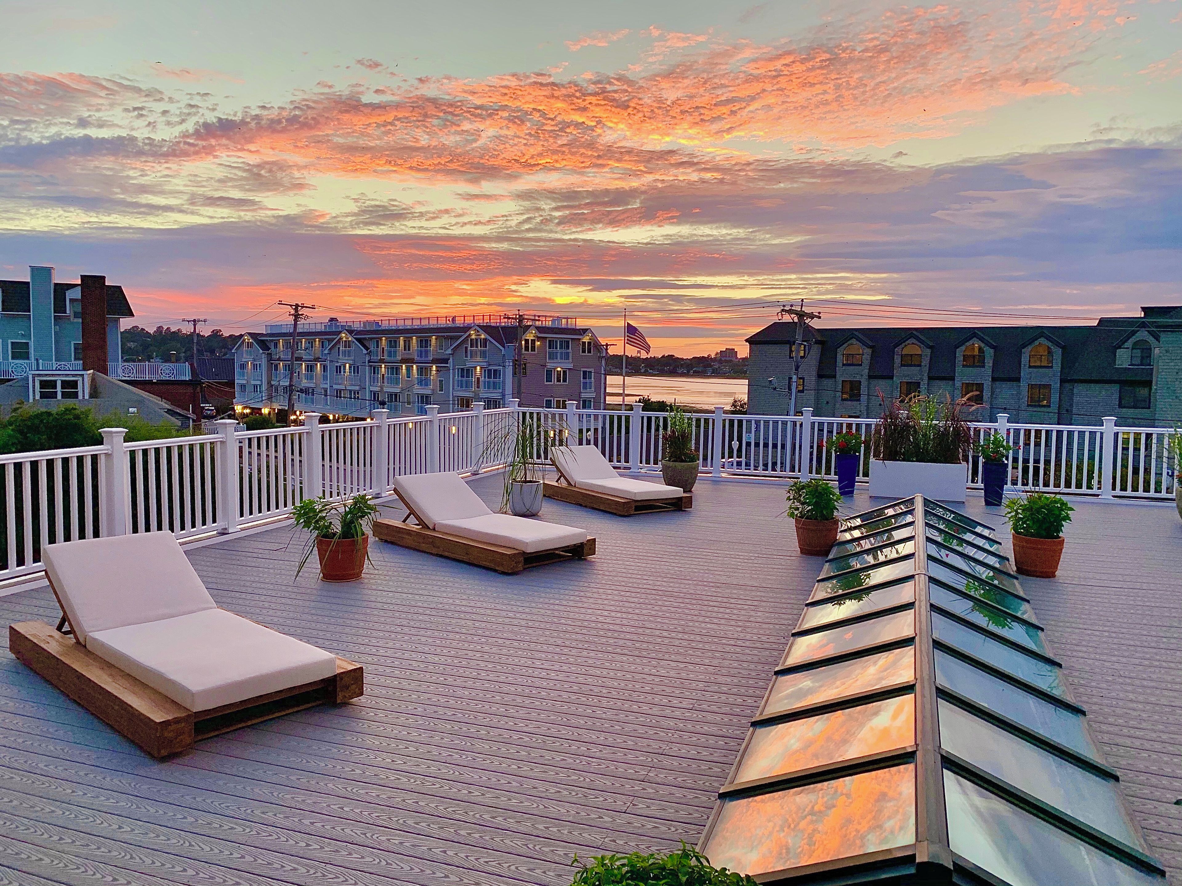 Une terrasse sur le toit, dotée de chaises longues et de plantes en pot, qui offre une vue sur le bord de l’eau, avec des bâtiments en arrière-plan.