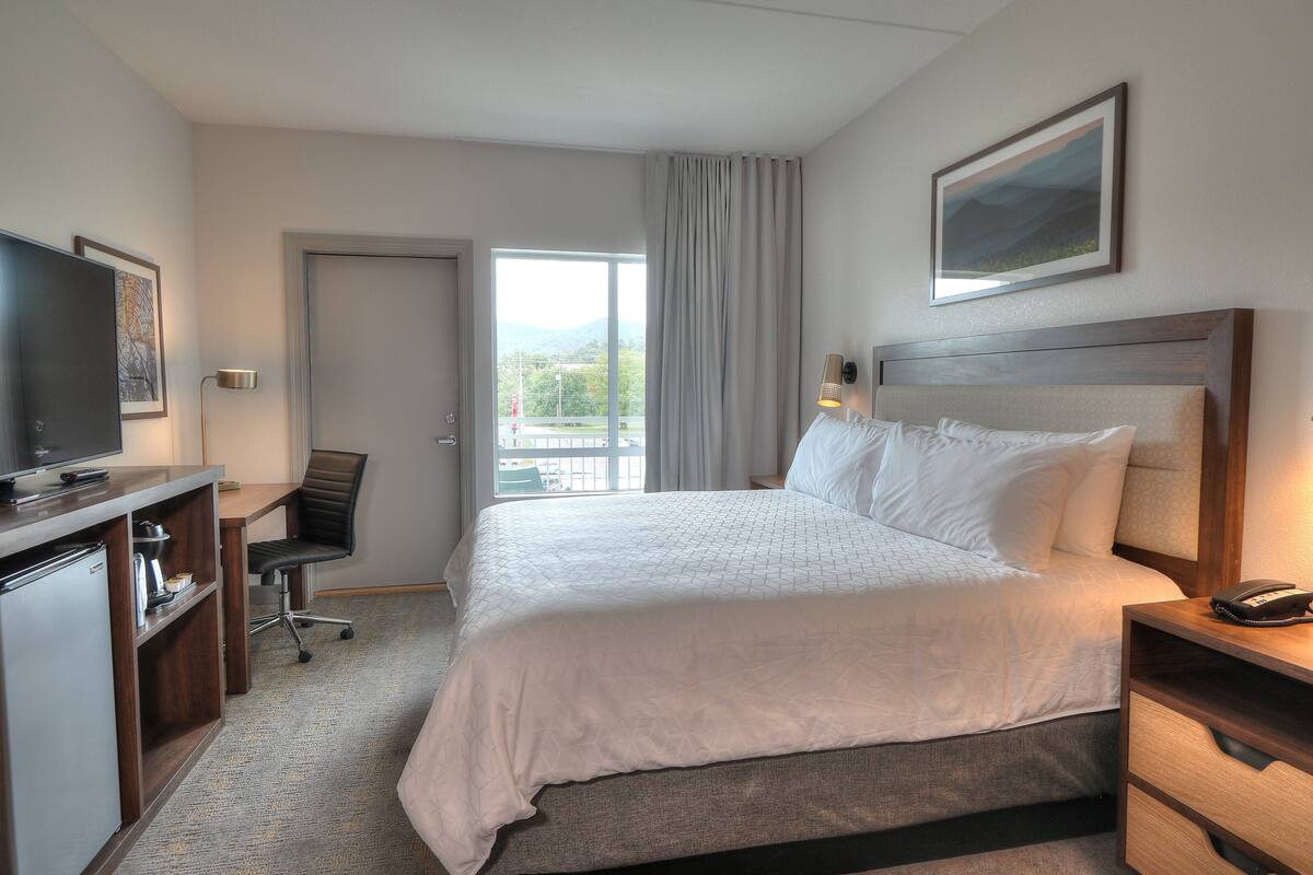 A hotel room with a bed, desk, chair, and a television.