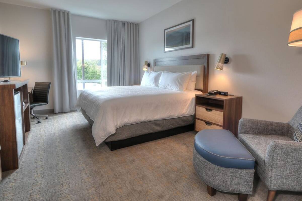 A hotel room with a bed, a desk with a chair, a television, a bedside table with a lamp, and a window with curtains.