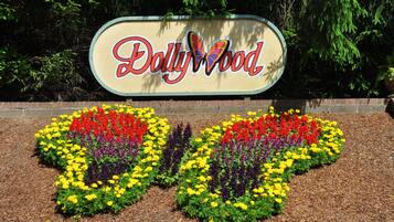 A sign for Dollywood with a colorful flower arrangement below it.