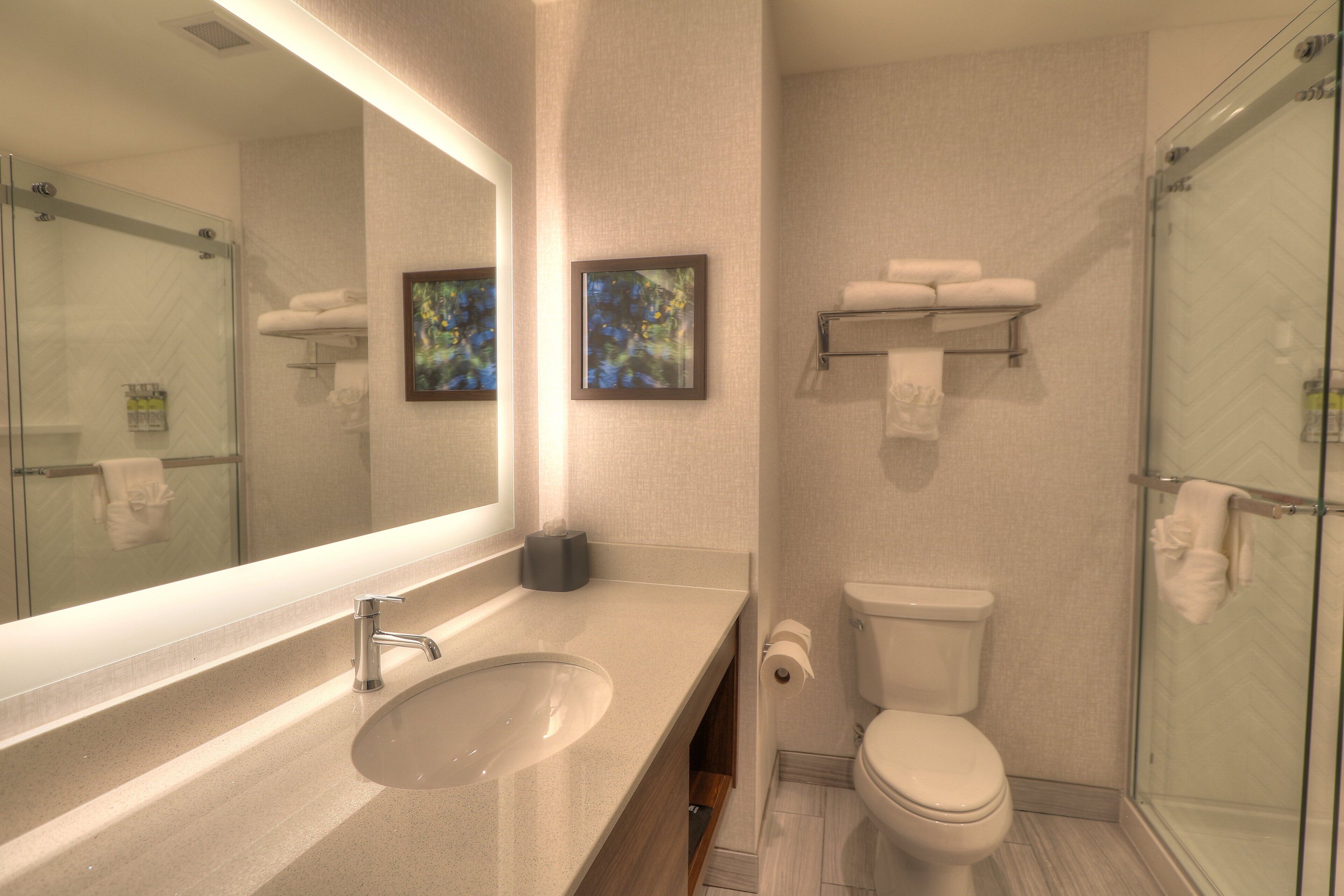 A modern bathroom with a large mirror, a sink, a toilet, and a shower area.
