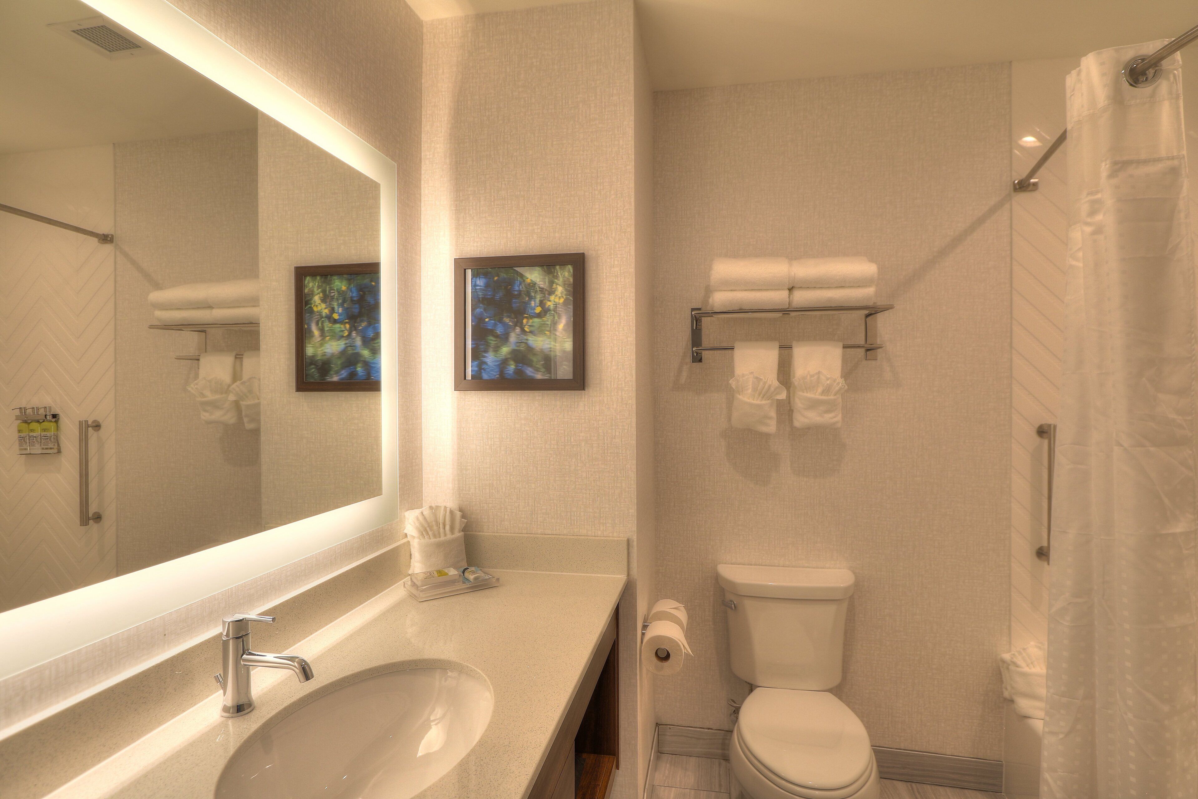 Een moderne badkamer met een grote spiegel, een wastafel, toilet en douche.