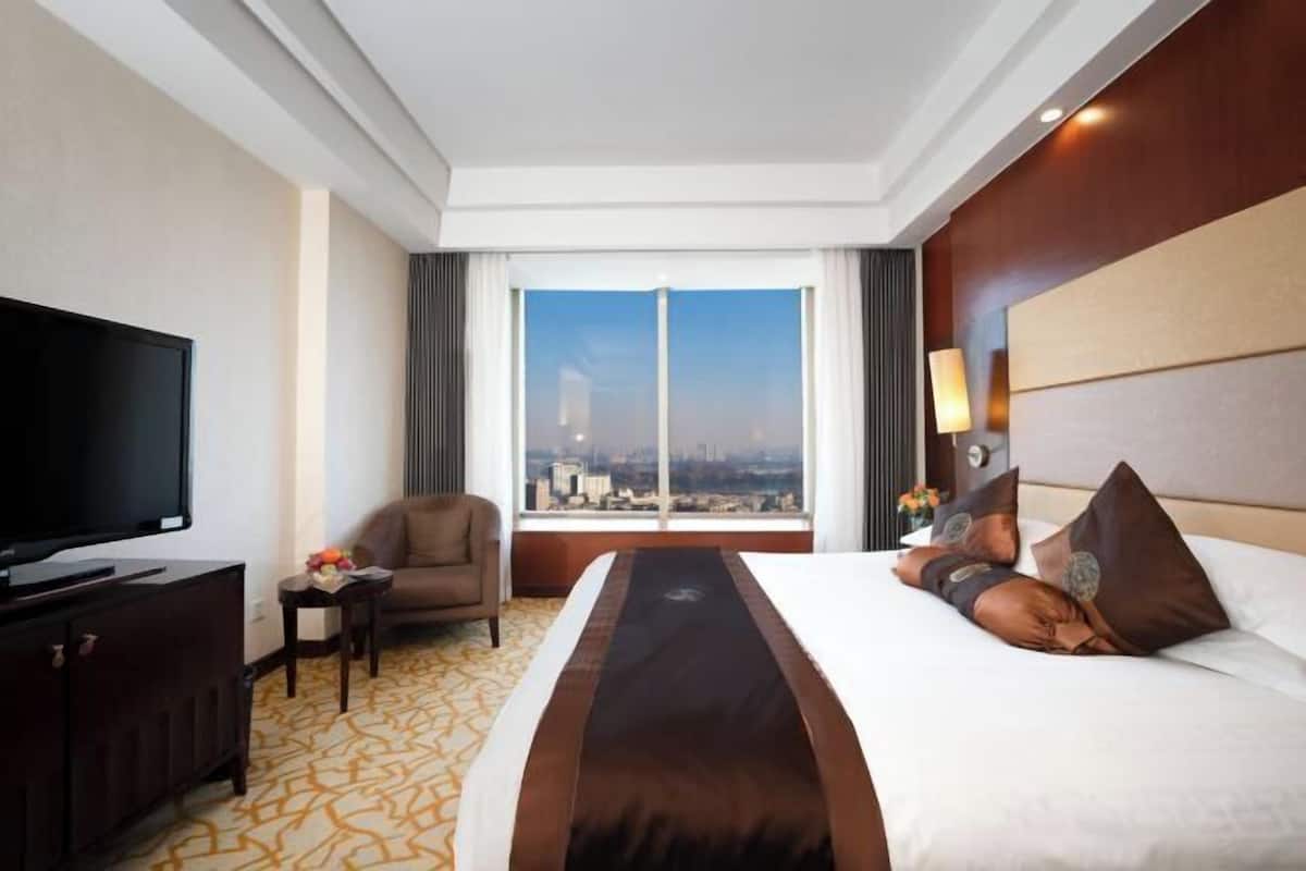 Habitación de hotel con cama, televisor, sillón, una pequeña mesa con flores y un amplio ventanal con vista a la ciudad.