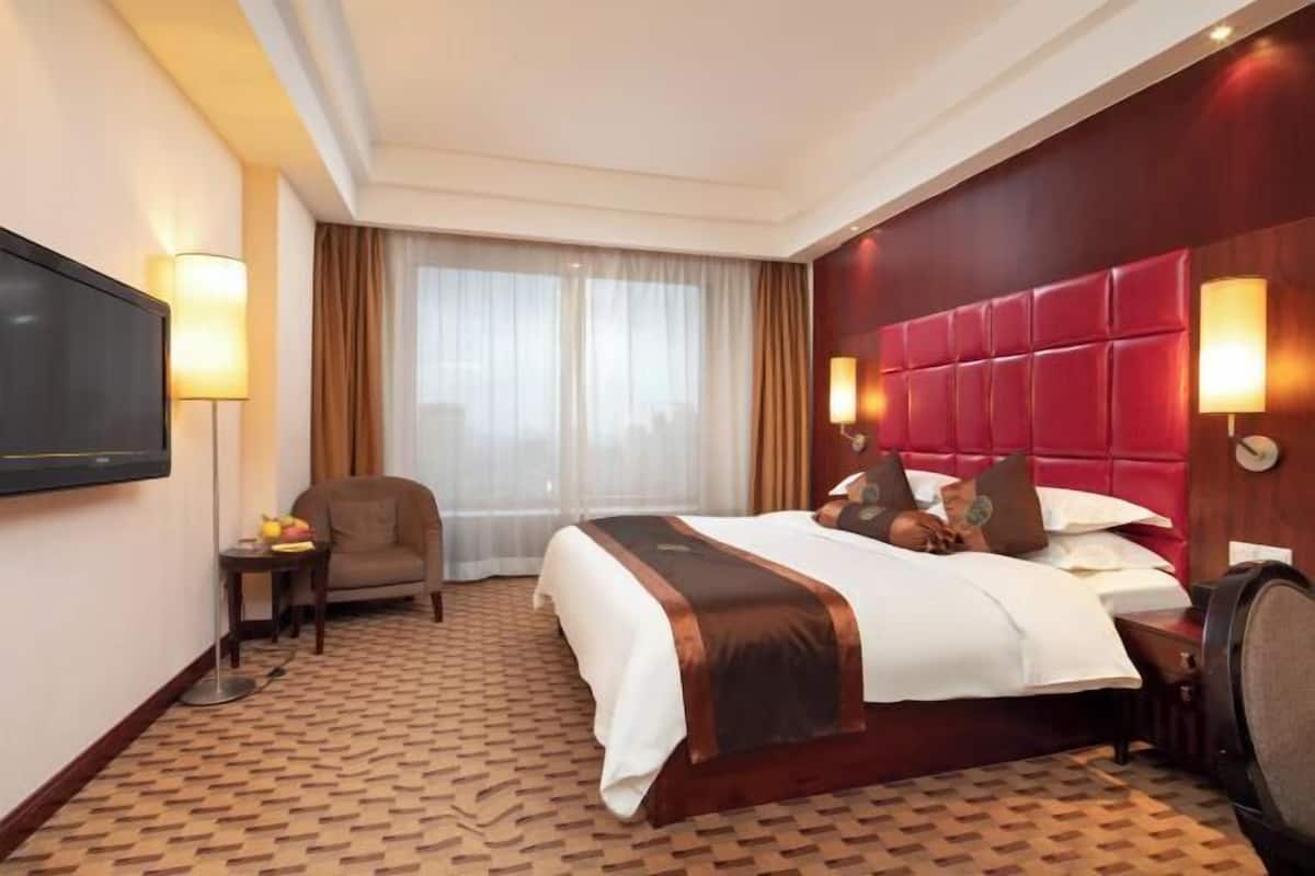 Habitación de hotel con una cama grande, televisor, una silla, una mesita con fruta y una ventana con cortinas.