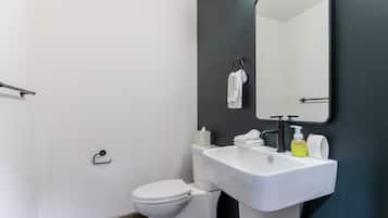A modern bathroom with a white toilet, a white sink, and a mirror.