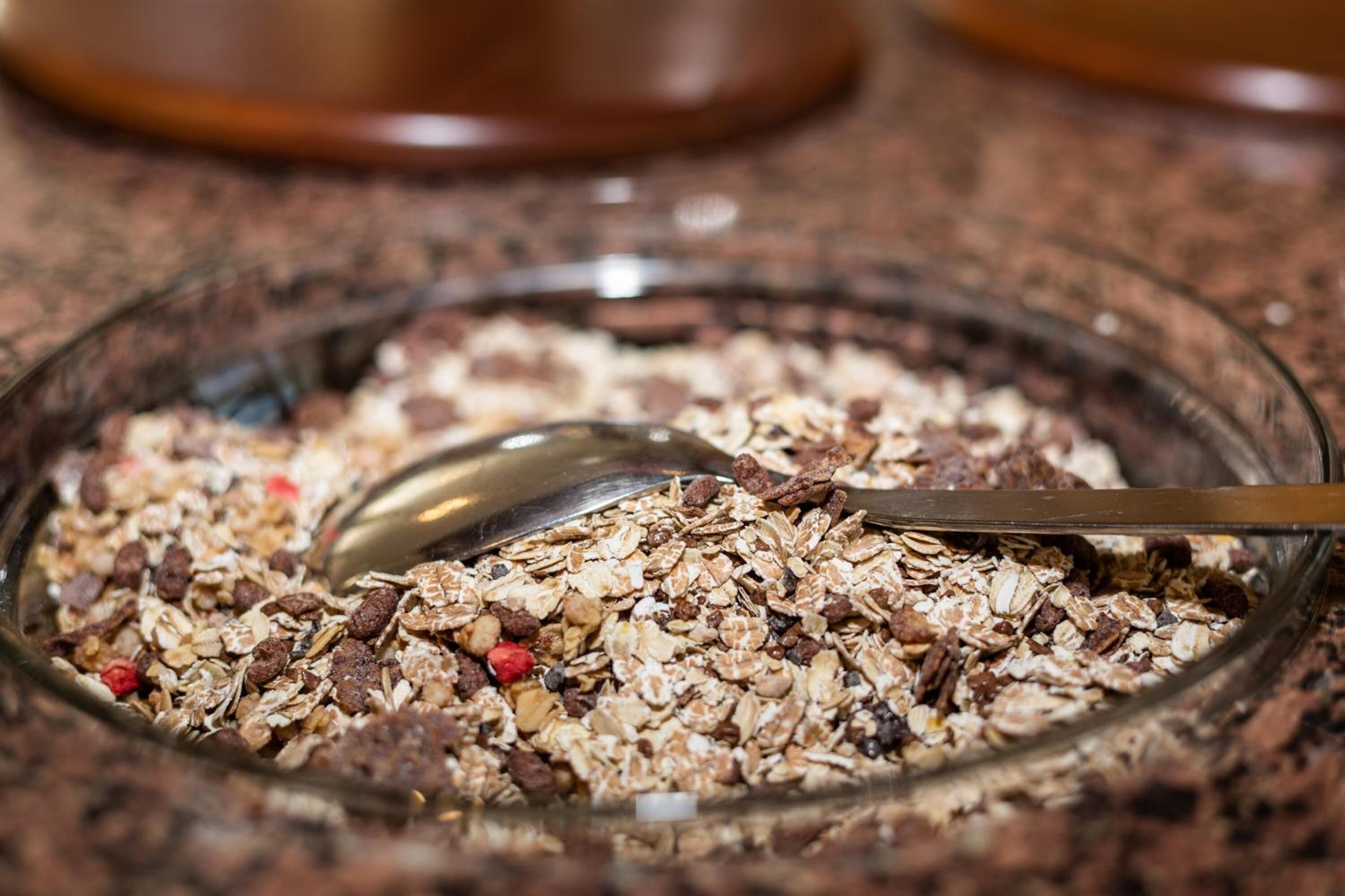 Eine Schüssel mit Granola und einem Löffel.