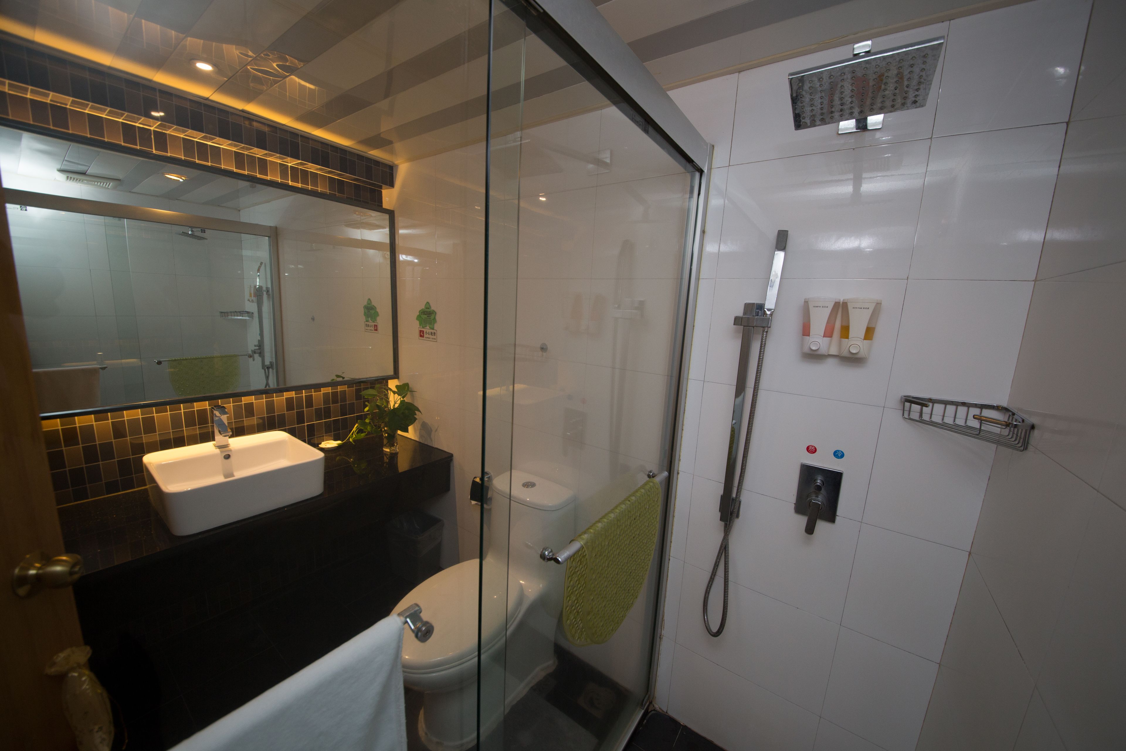 A modern bathroom with a glass-enclosed shower, a white sink, and a toilet.