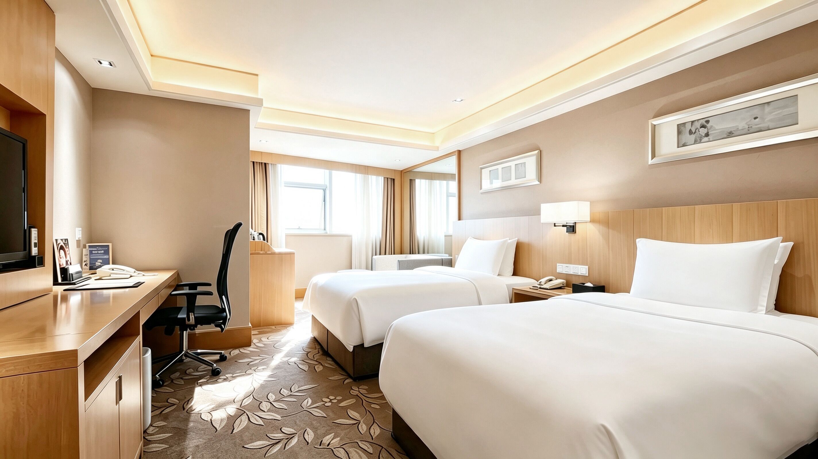 A hotel room with two beds, a desk, a chair, a TV, and a window with curtains.