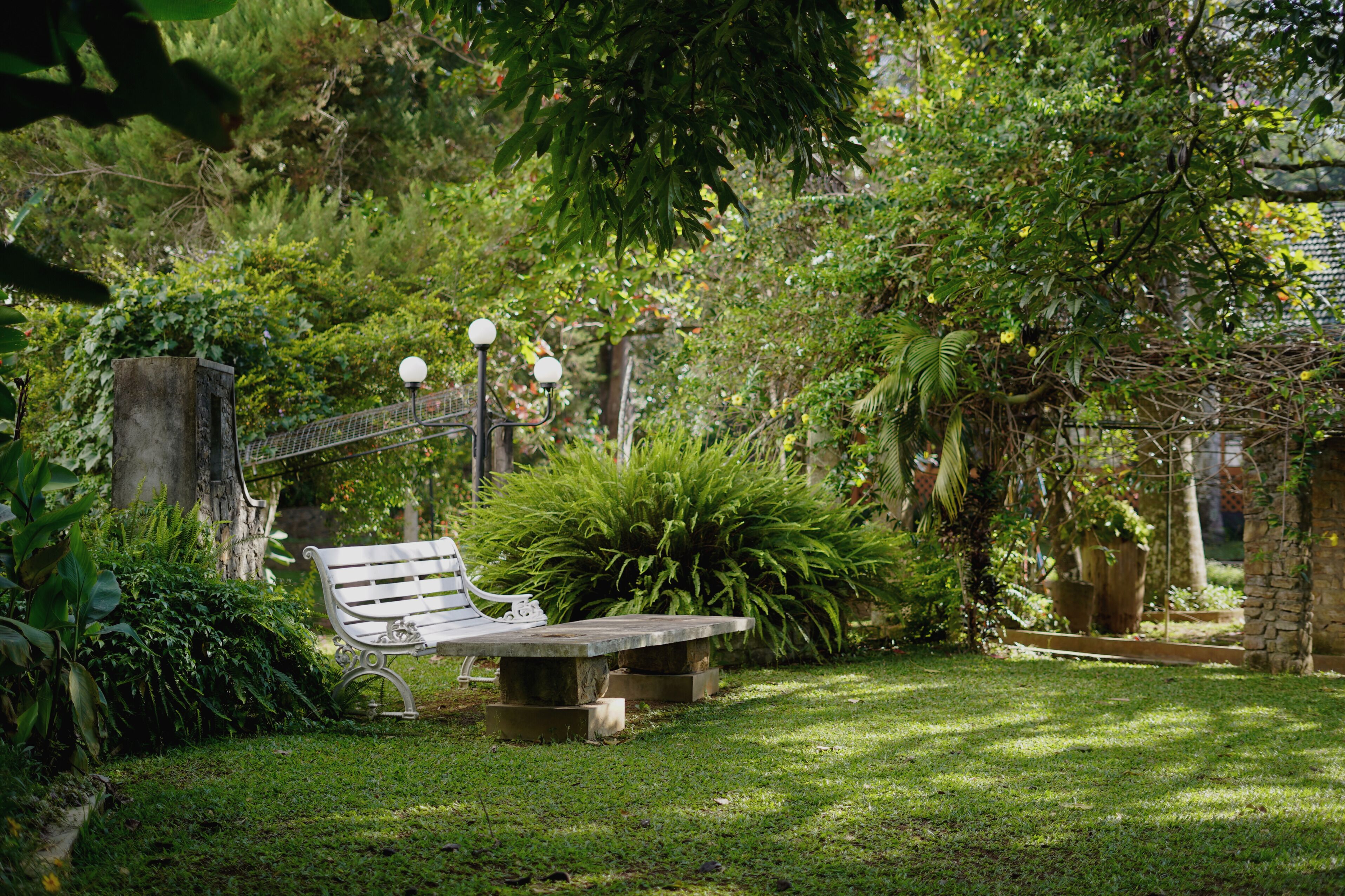 Un jardín con un banco, un muro de piedra y un puente de madera.