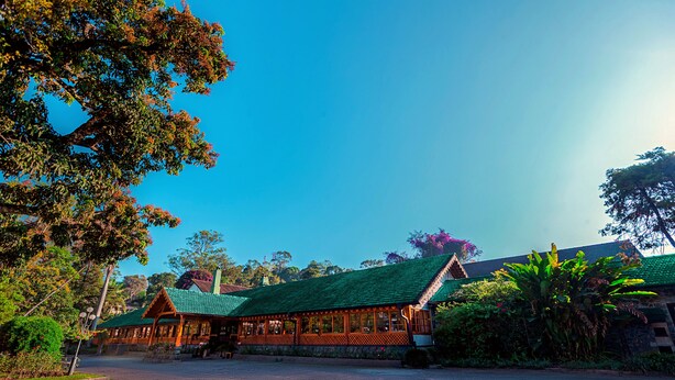 A lodge with a green roof, wooden exterior, and a gravel driveway. - Bandarawela Hotel (Bandarawela)
