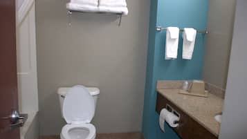 Un baño con inodoro, toallero, lavabo y espejo.