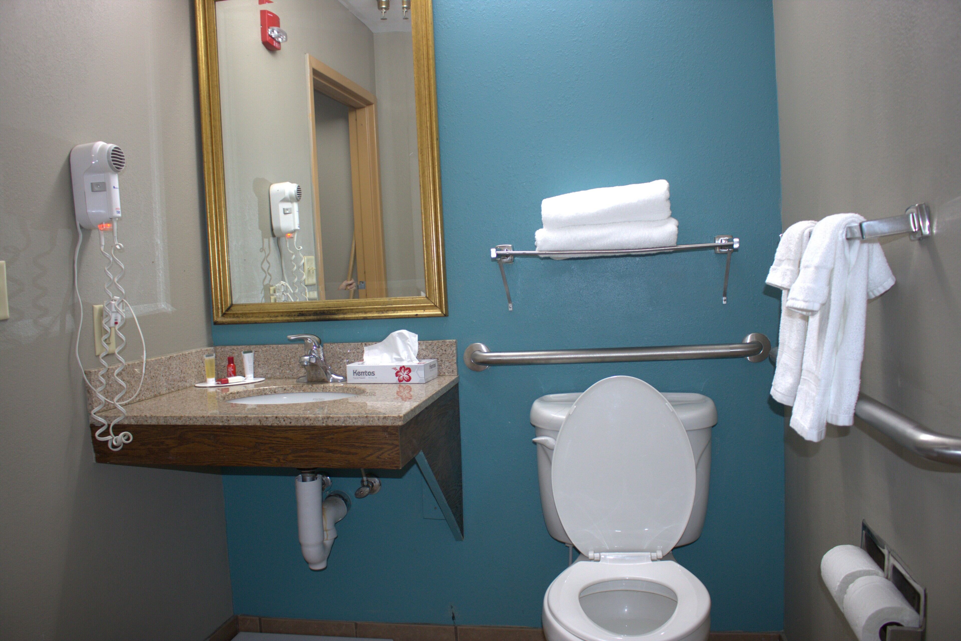 A bathroom with a sink, mirror, towel rack, and toilet.