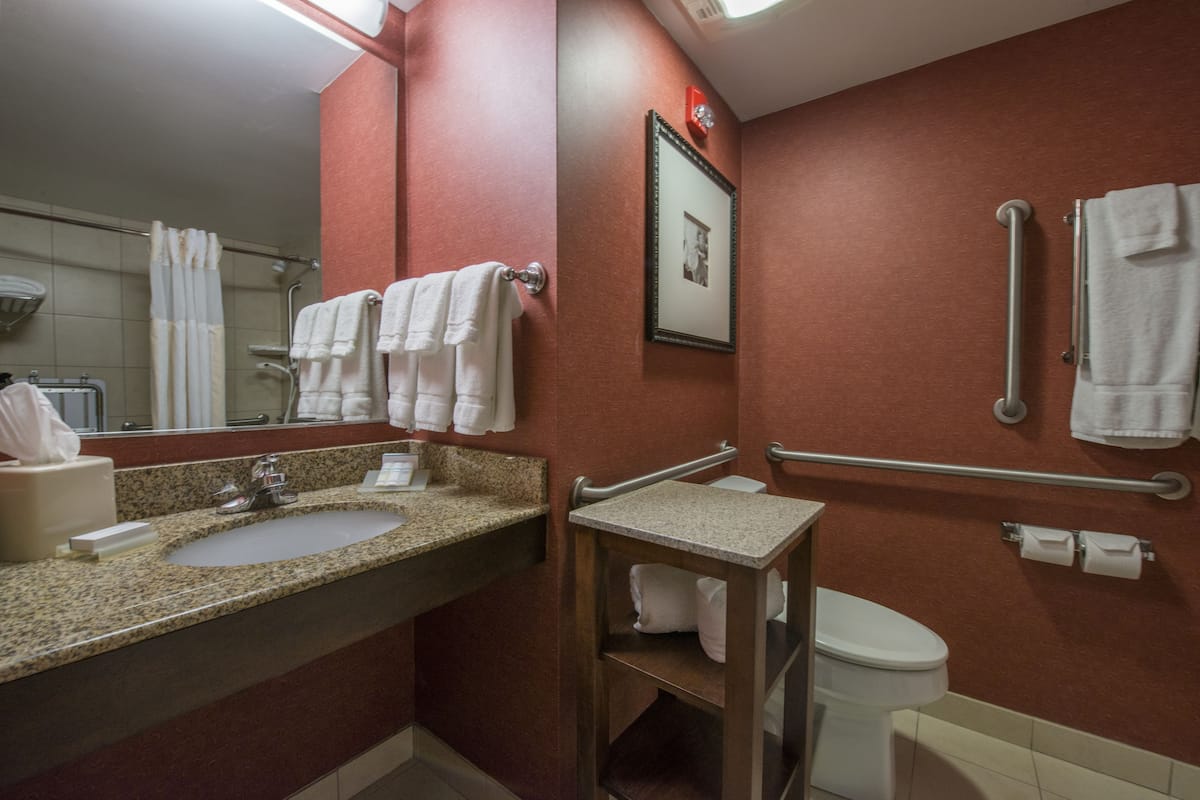 A bathroom with a granite countertop sink, a mirror, a framed photo on the wall, a toilet, and a handrail.