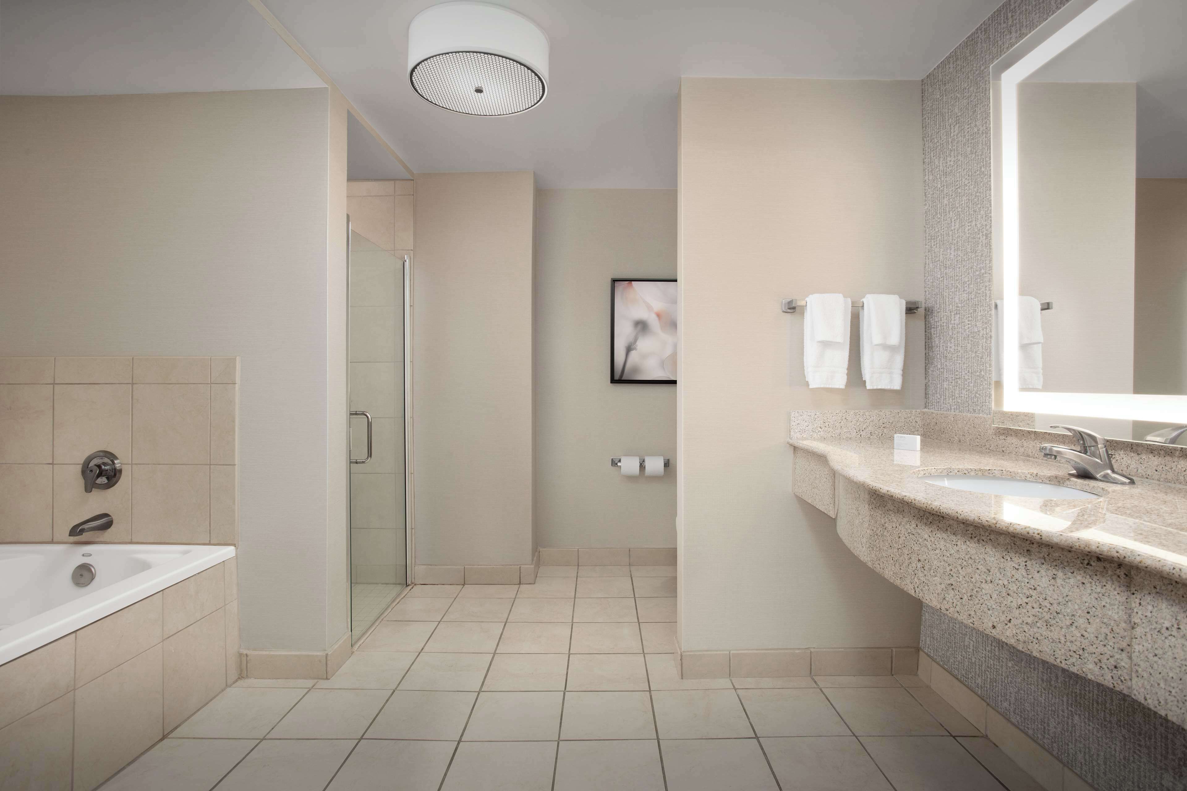 combined shower/bathtub, designer toiletries, hair dryer, towels