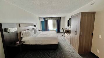 A hotel room with a large bed, a desk, a wardrobe, and a view of the outdoors.
