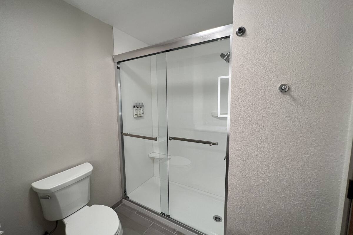 suite, 1 king bed with sofa bed (additional living area) | bathroom | combined shower/bathtub, free toiletries, hair dryer, towels