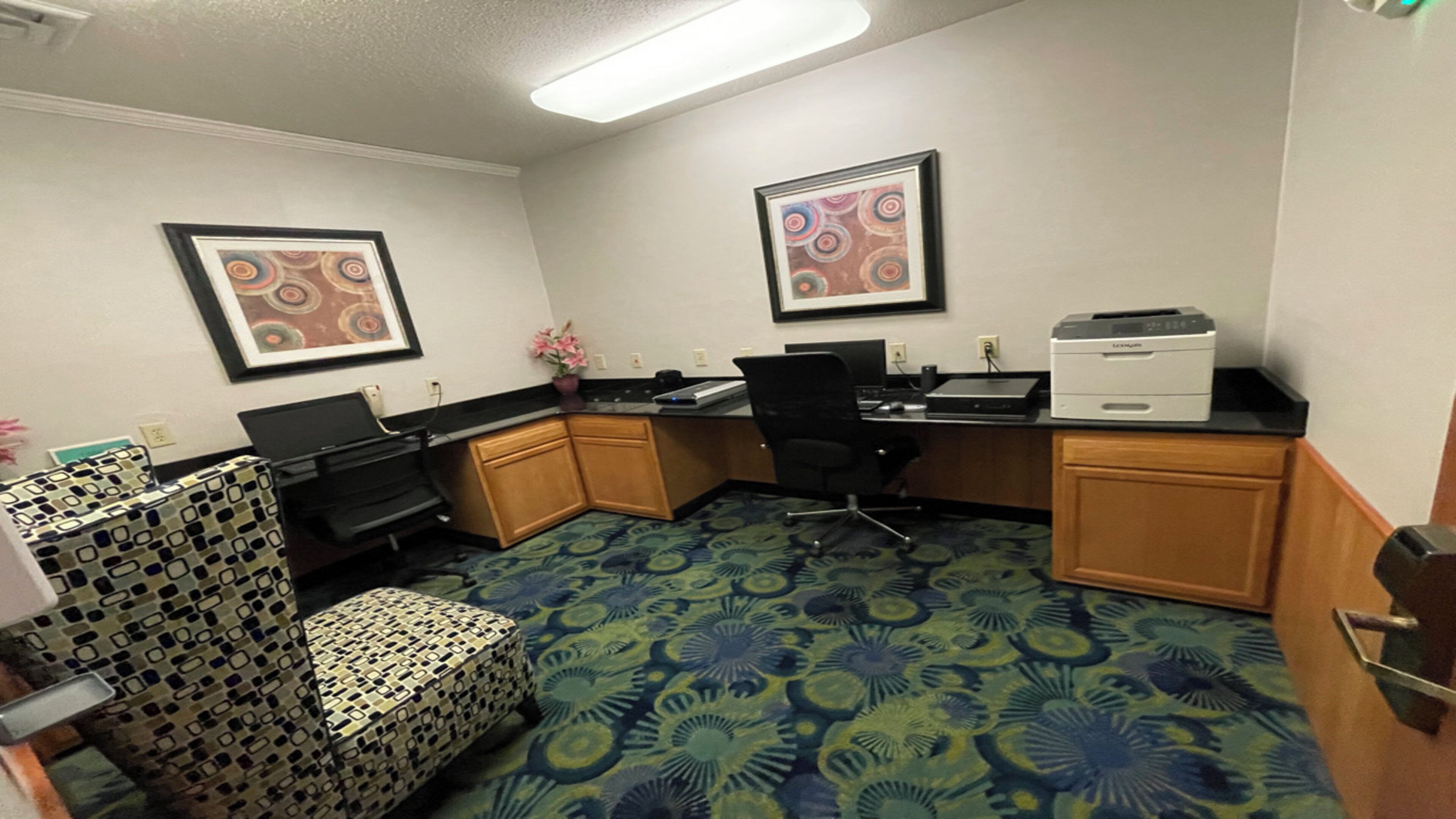 Habitación de hotel con escritorio, silla y alfombra estampada.