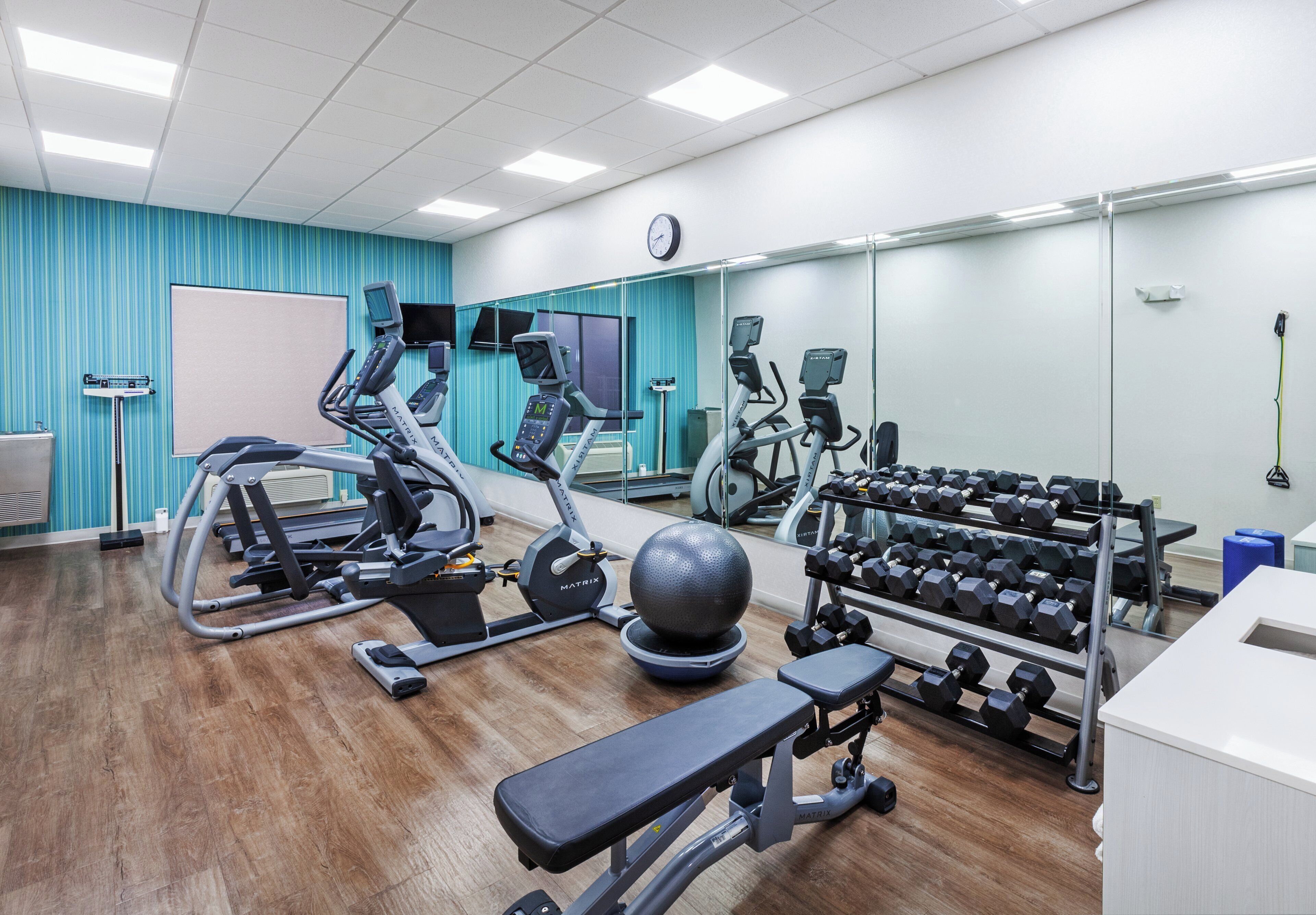 Un gimnasio con máquinas de cardio, pesas libres y un espejo grande.