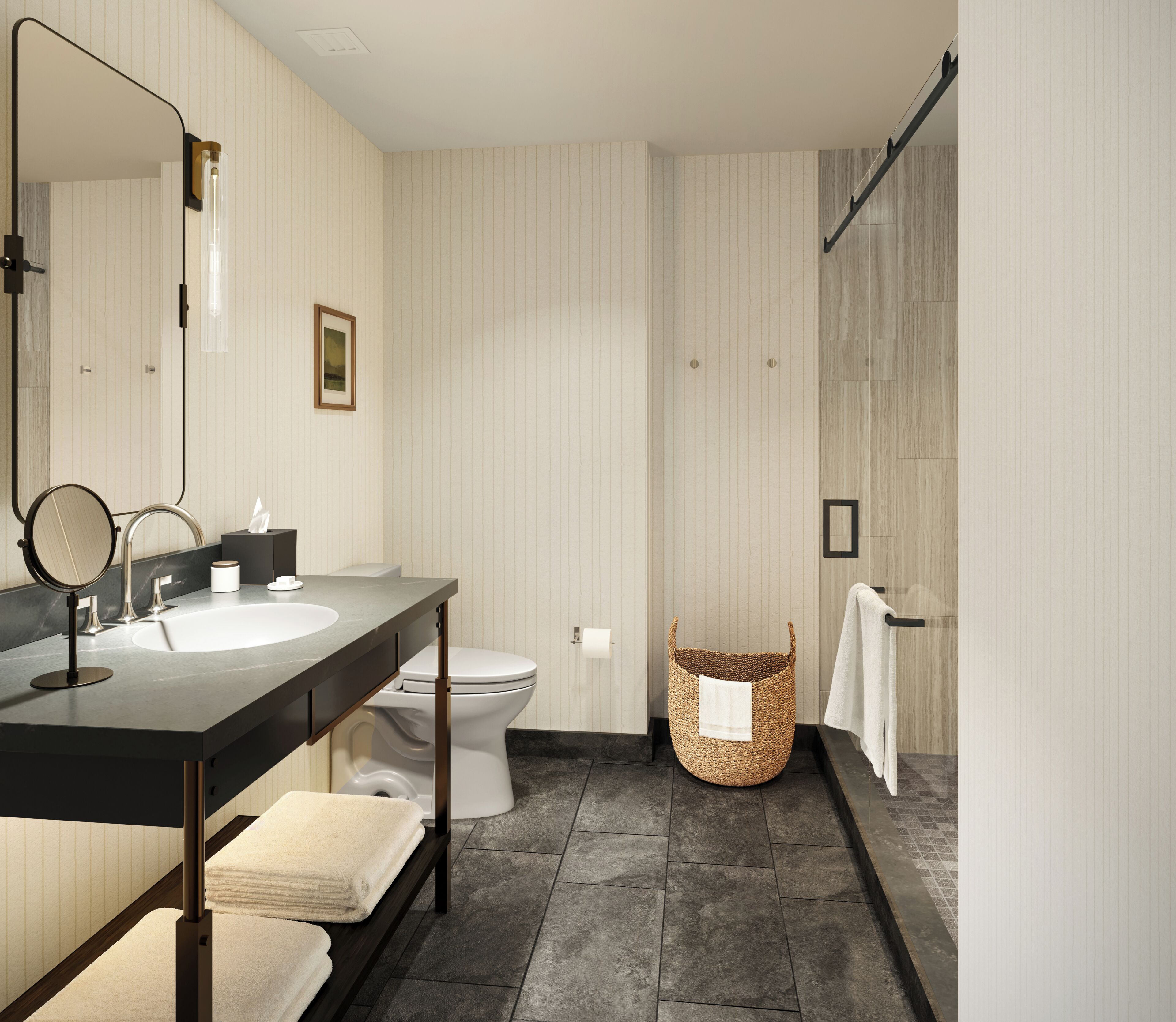 Rainfall showerhead, free toiletries, hair dryer, towels