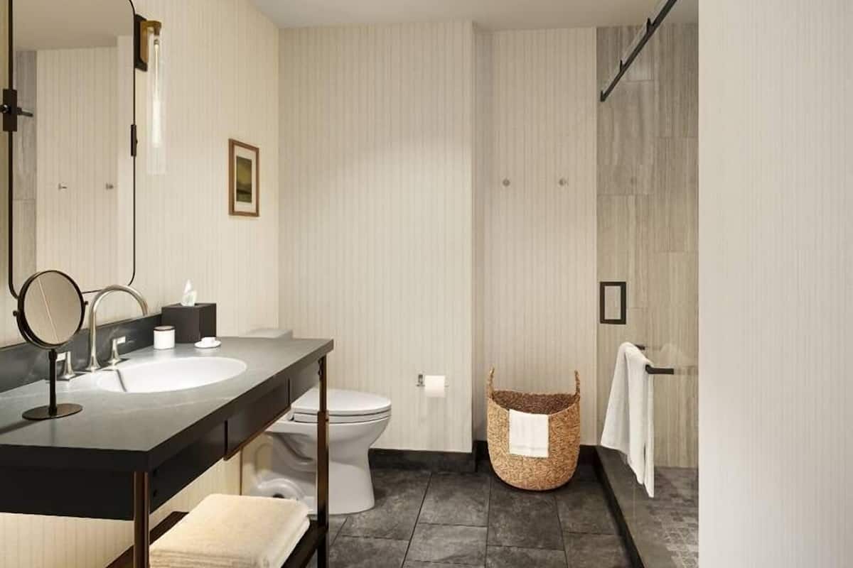 Rainfall showerhead, free toiletries, hair dryer, towels