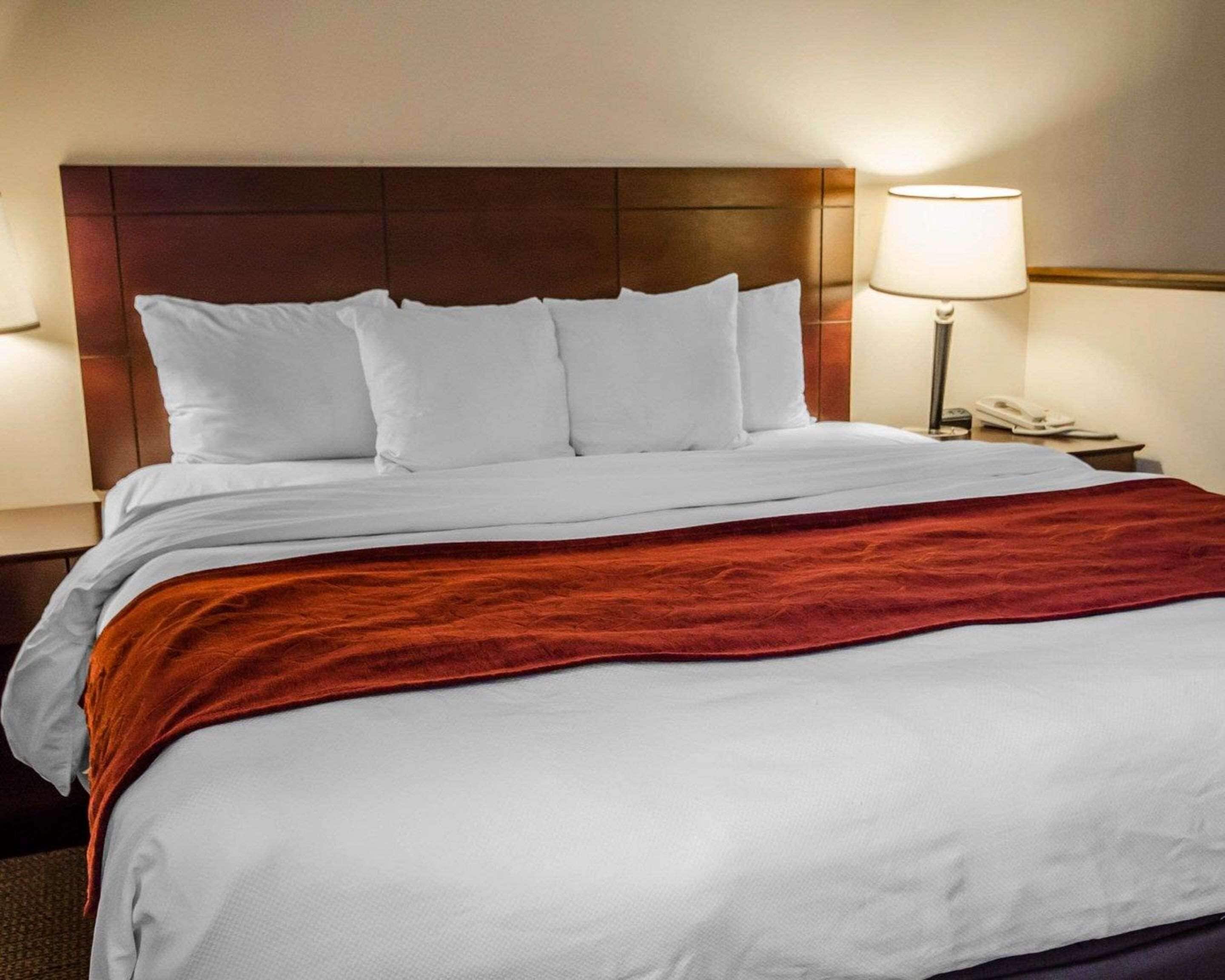 Habitación de hotel con una cama grande, ropa de cama blanca, una manta roja, un cabecero de madera, una lámpara de noche y un teléfono en la mesita de noche.