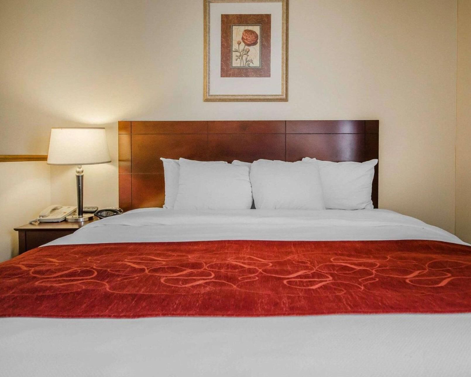 Premium bedding, desk, laptop workspace, iron/ironing board