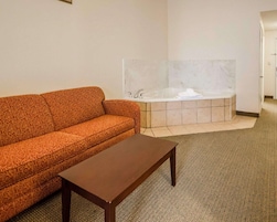 Premium bedding, desk, laptop workspace, iron/ironing board