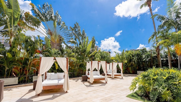 A rooftop garden with four canopy beds, surrounded by lush tropical plants and palm trees under a clear blue sky. - Hodelpa Garden Court (Punal)