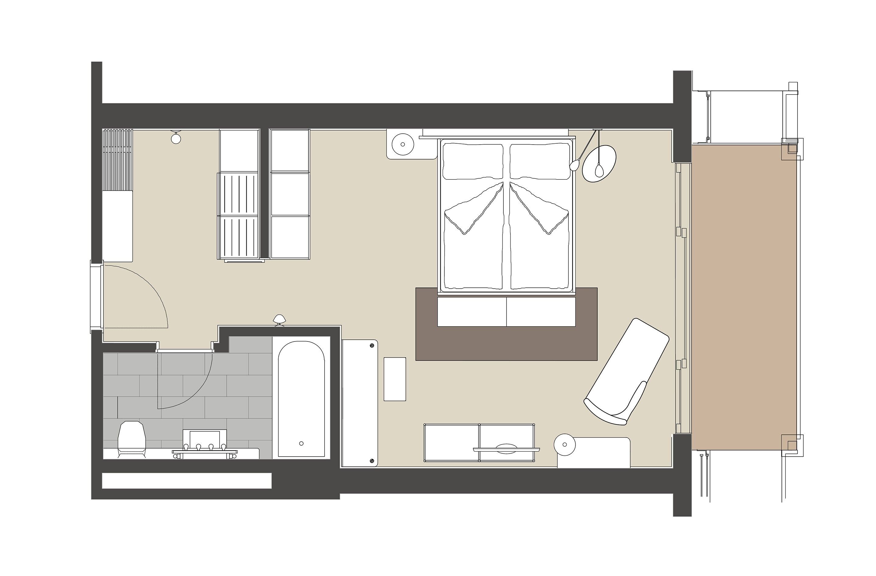 A hotel room layout with a bed, a bathroom, a seating area, and a small kitchenette.