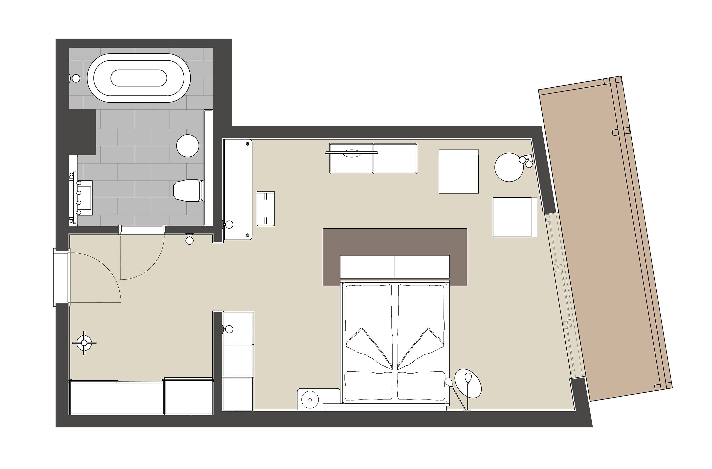 A hotel room layout with a bed, a sitting area, a bathroom, and a large window.