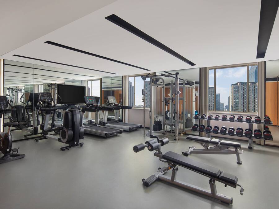 A modern gym with various exercise equipment, large windows, and a city view.