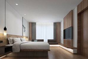 A modern bedroom with a large bed, bedside tables, a TV, and a window with curtains. - Fairfield by Marriott Ningbo Yinzhou (Ningbo)
