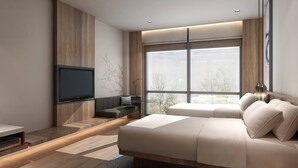 A modern bedroom with a large bed, a TV, and a window with a view of trees. - Fairfield by Marriott Ningbo Yinzhou (Ningbo)