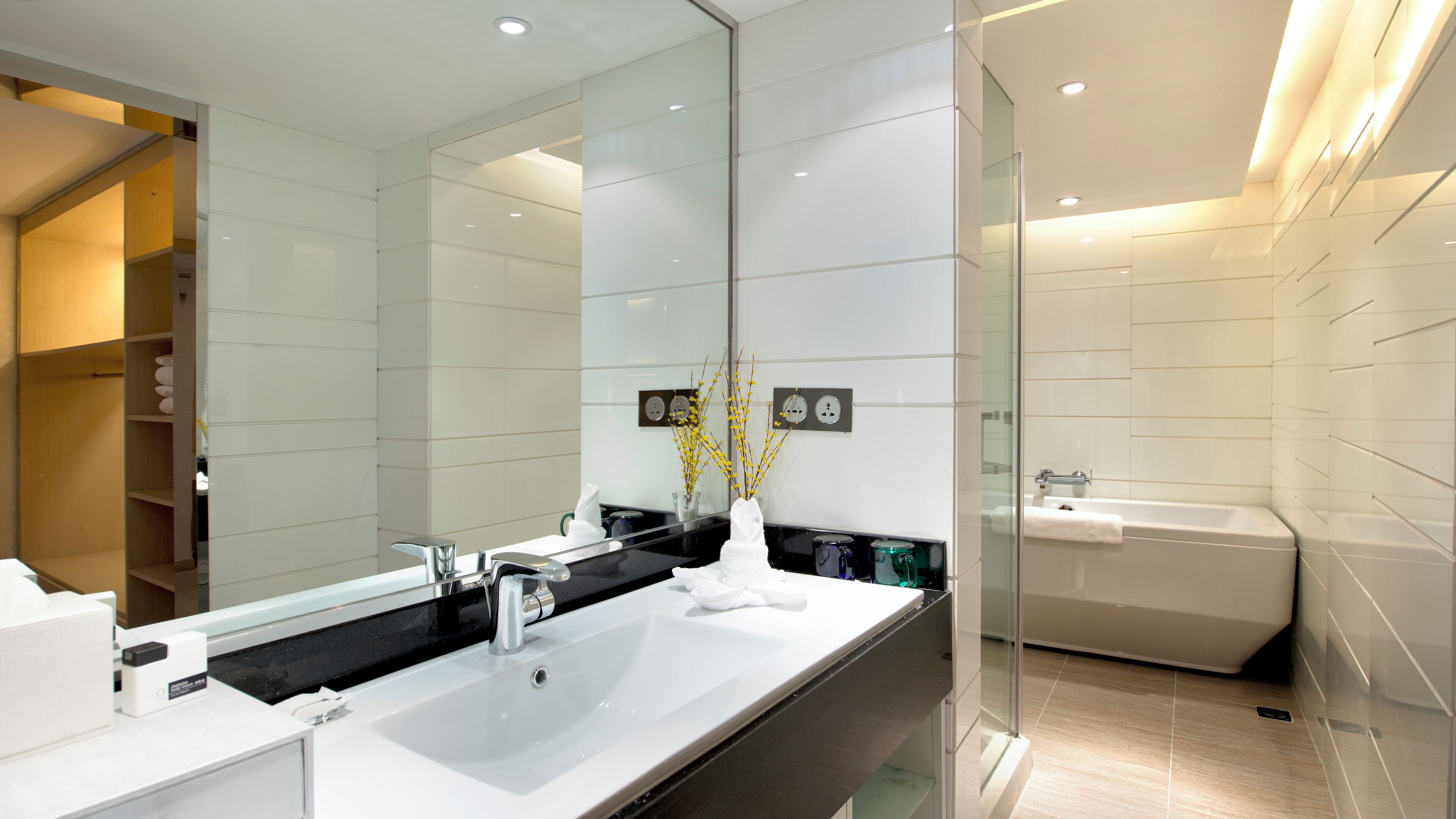 deluxe suite | bathroom | rainfall showerhead, designer toiletries, hair dryer, bathrobes