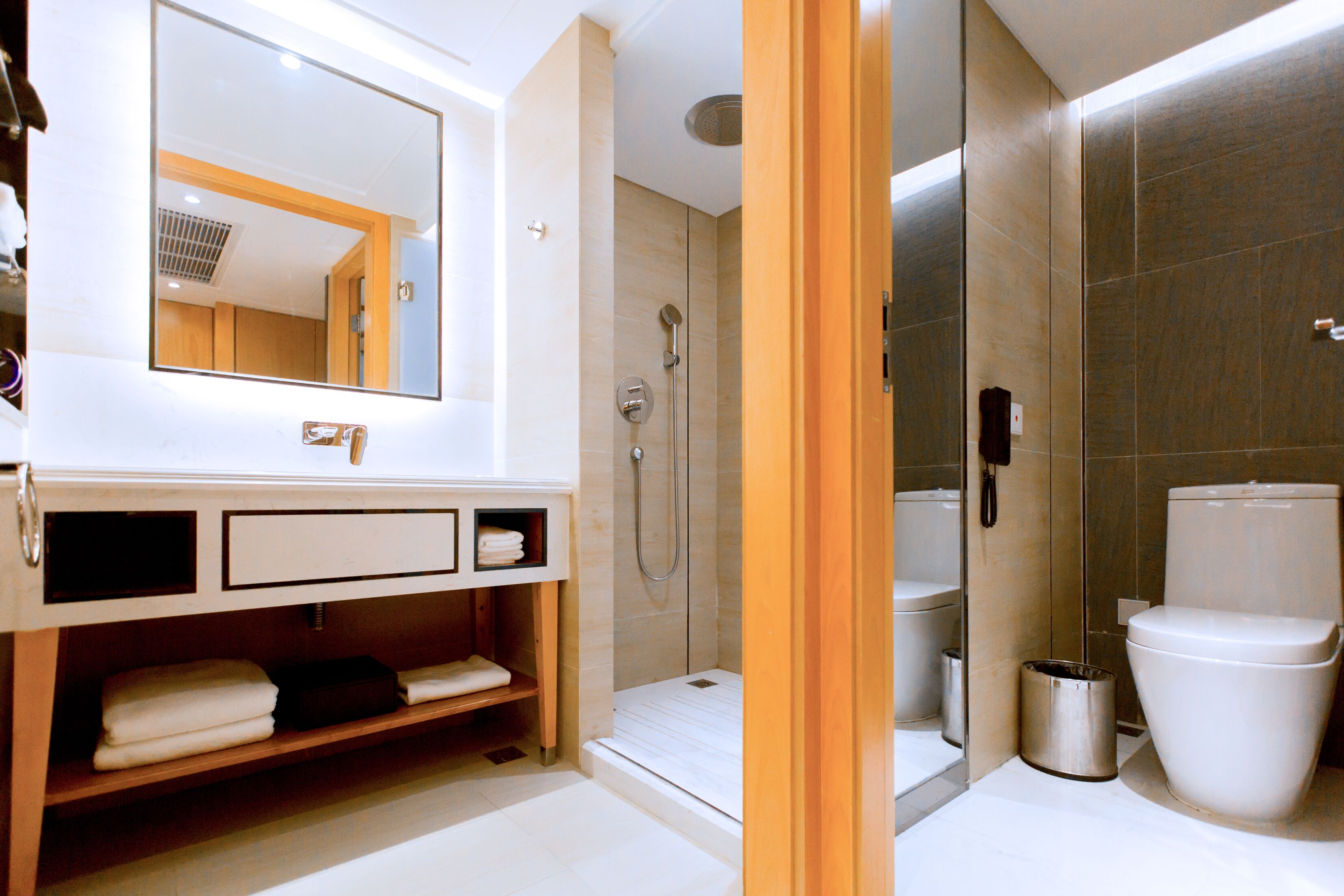 A modern bathroom with a walk-in shower, a toilet, and a vanity with a mirror.