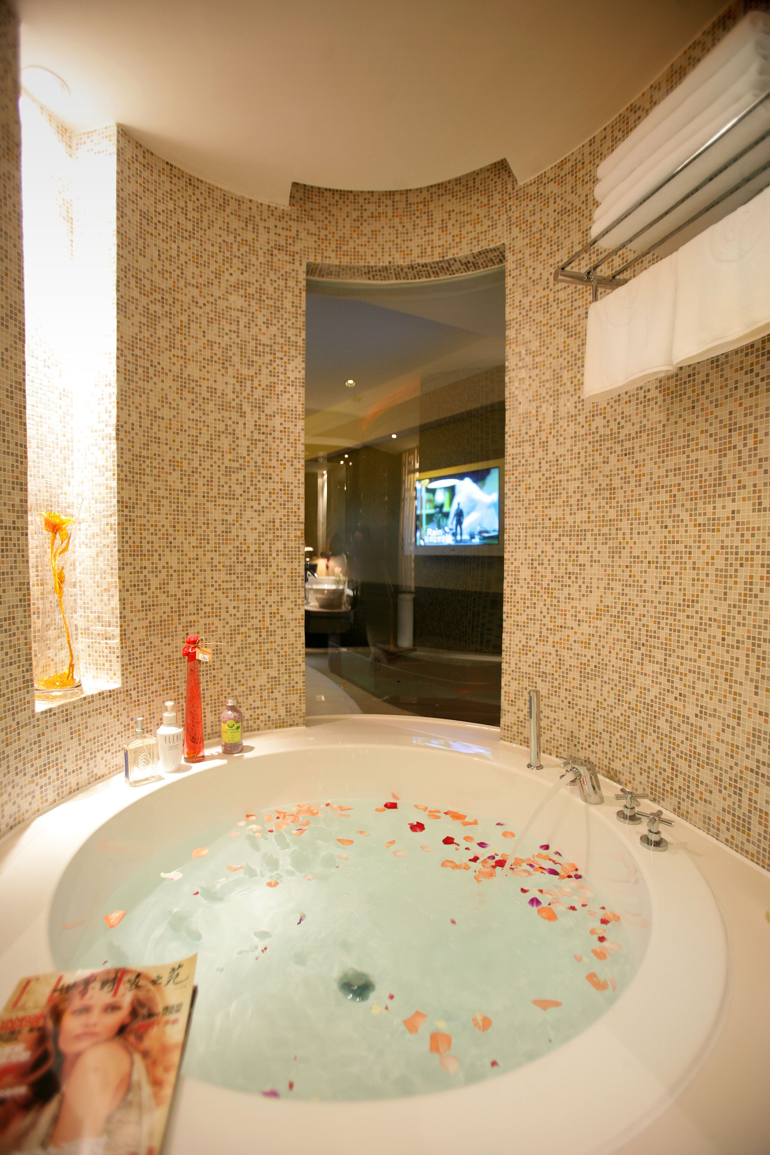 rainfall showerhead, designer toiletries, hair dryer, bathrobes