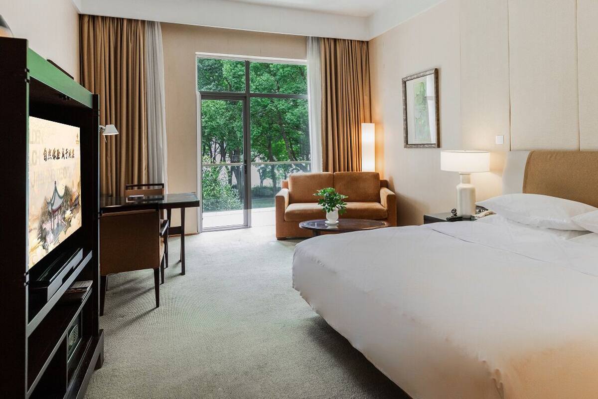Hotelkamer met een bed, een bureau, een stoel, een televisie en uitzicht op groen.