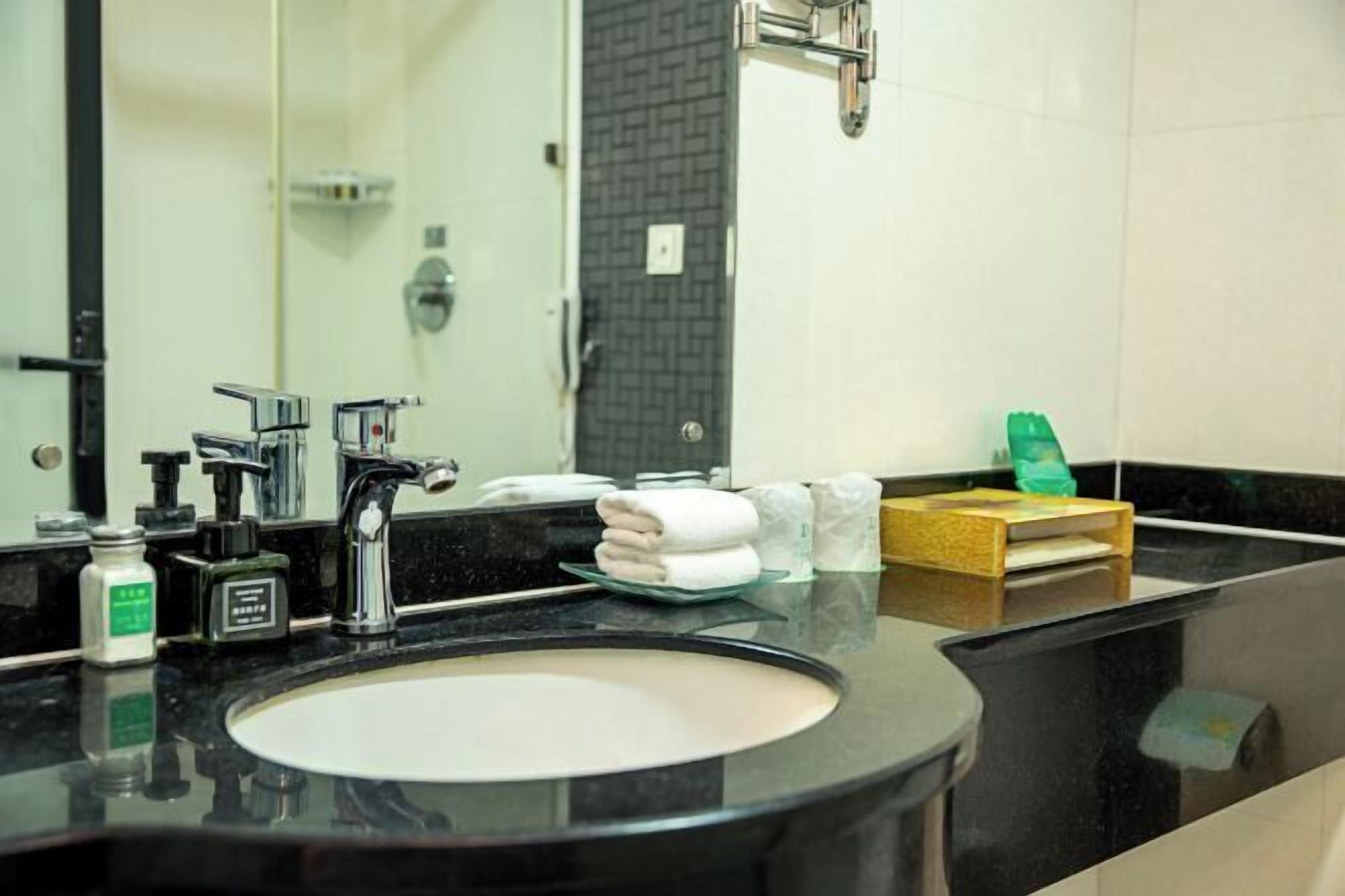 Une salle de bain moderne avec un lavabo en marbre noir, un grand miroir et un porte-serviettes.