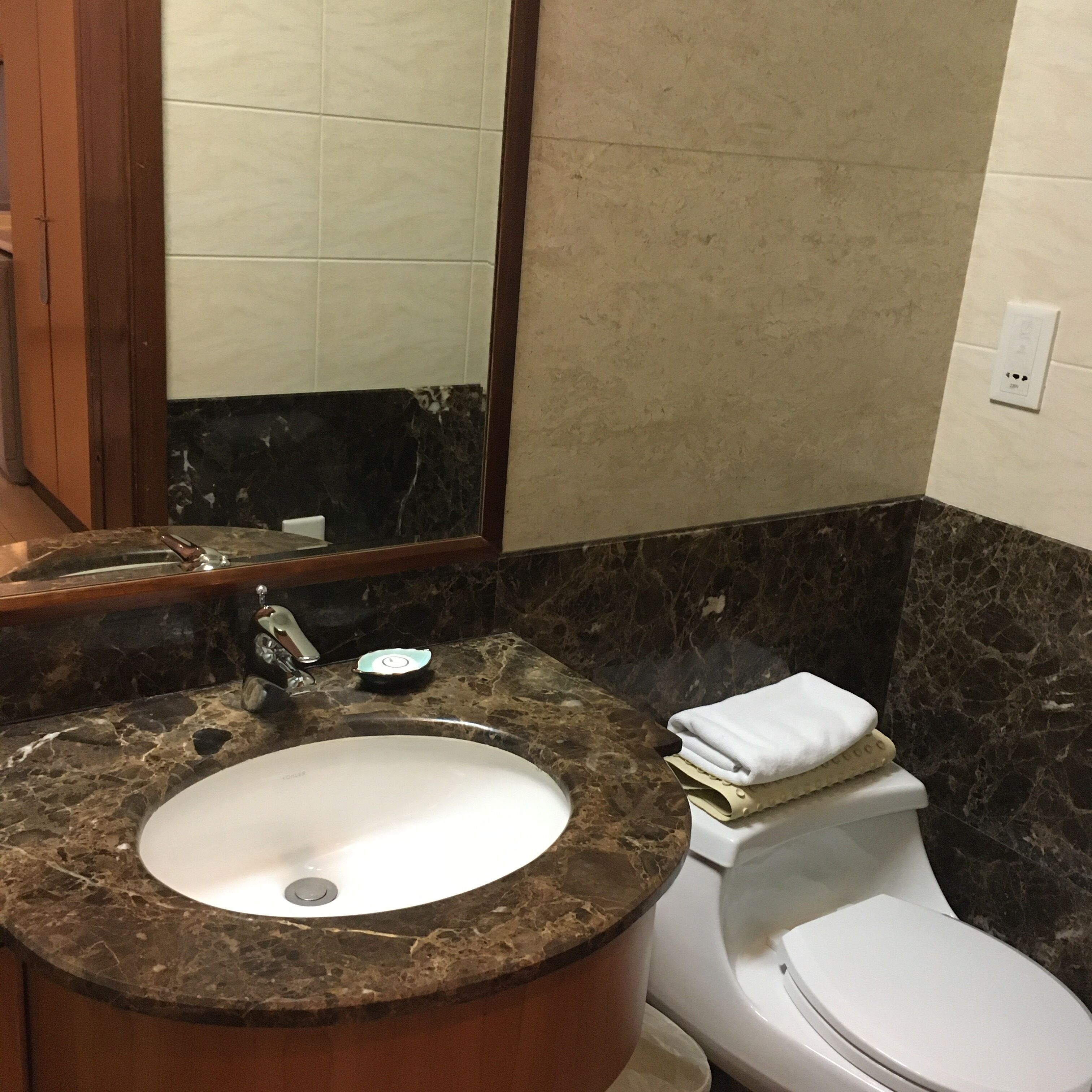 Une salle de bain avec un lavabo en marbre, des toilettes et un miroir.