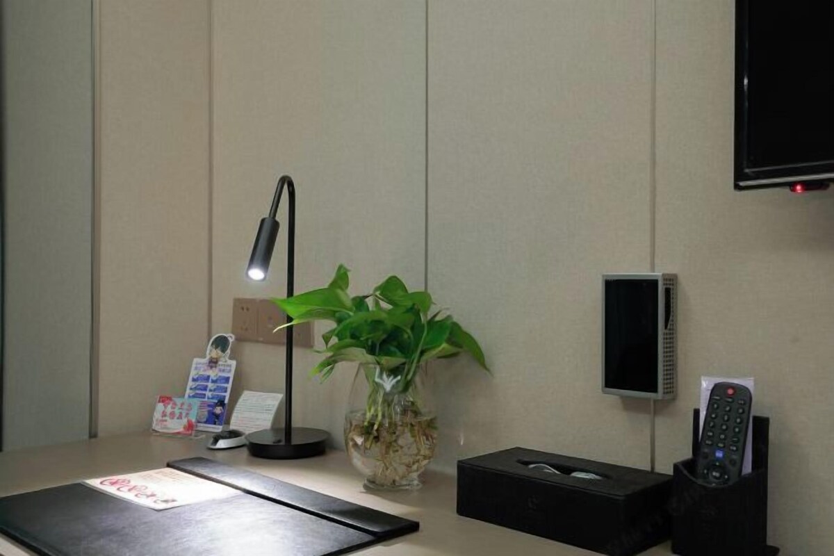 Una habitación de hotel con un escritorio, una lámpara de escritorio, una planta, un televisor y un control remoto.